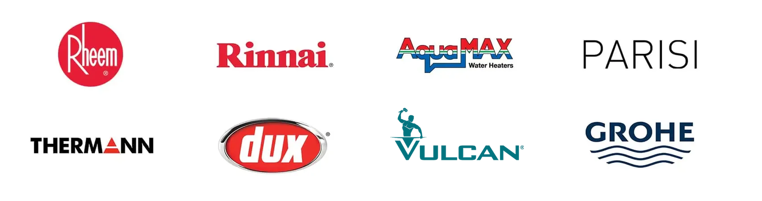 Rheem, Rinnai, AquaMAX, Parisi, Thermann, Dux, Vulcan and Grohe logos